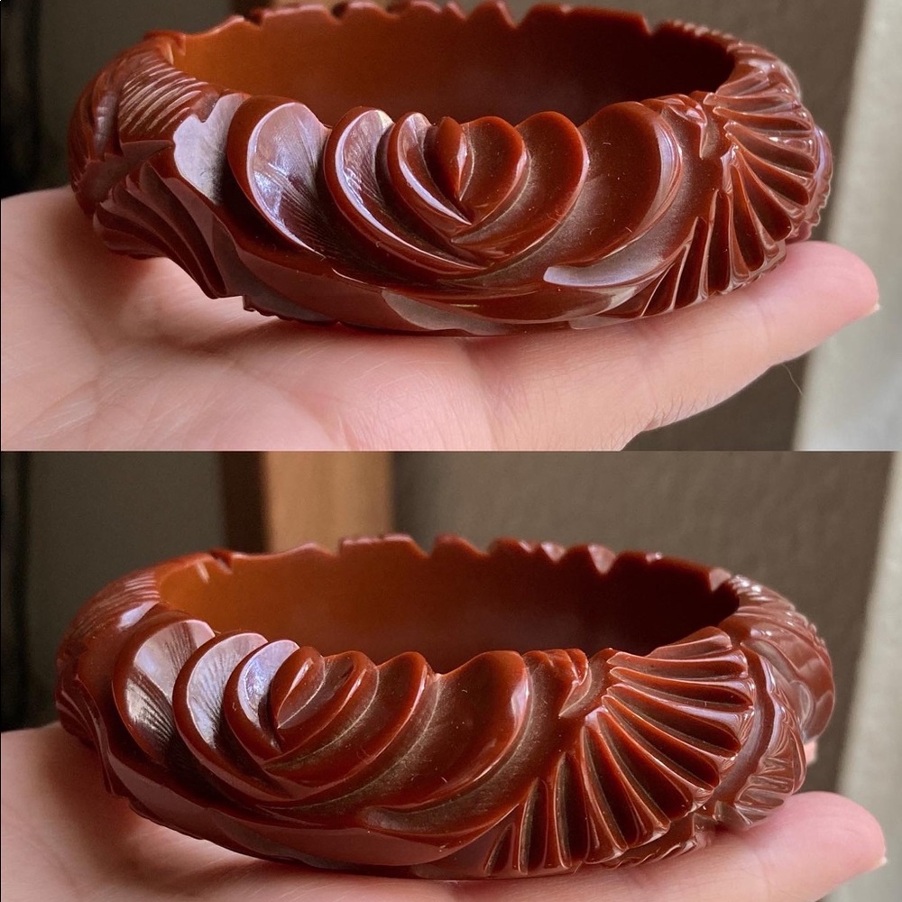 Chunky floral carved brown bakelite bracelet